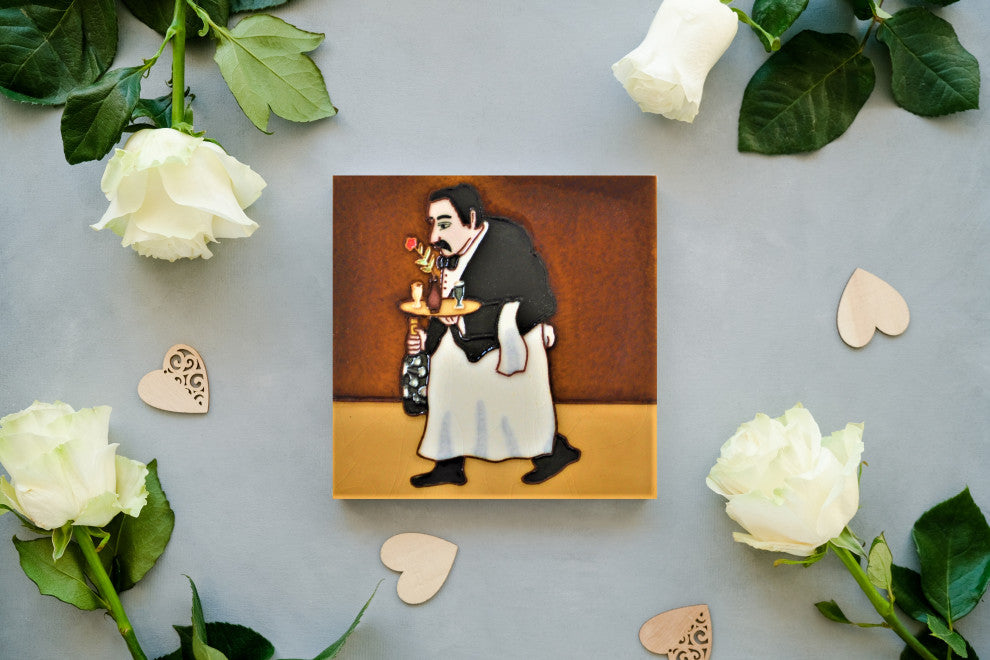 6x6" Italian Waiter Ceramic Art Tile Hot Plate Trivet and Wall Decor