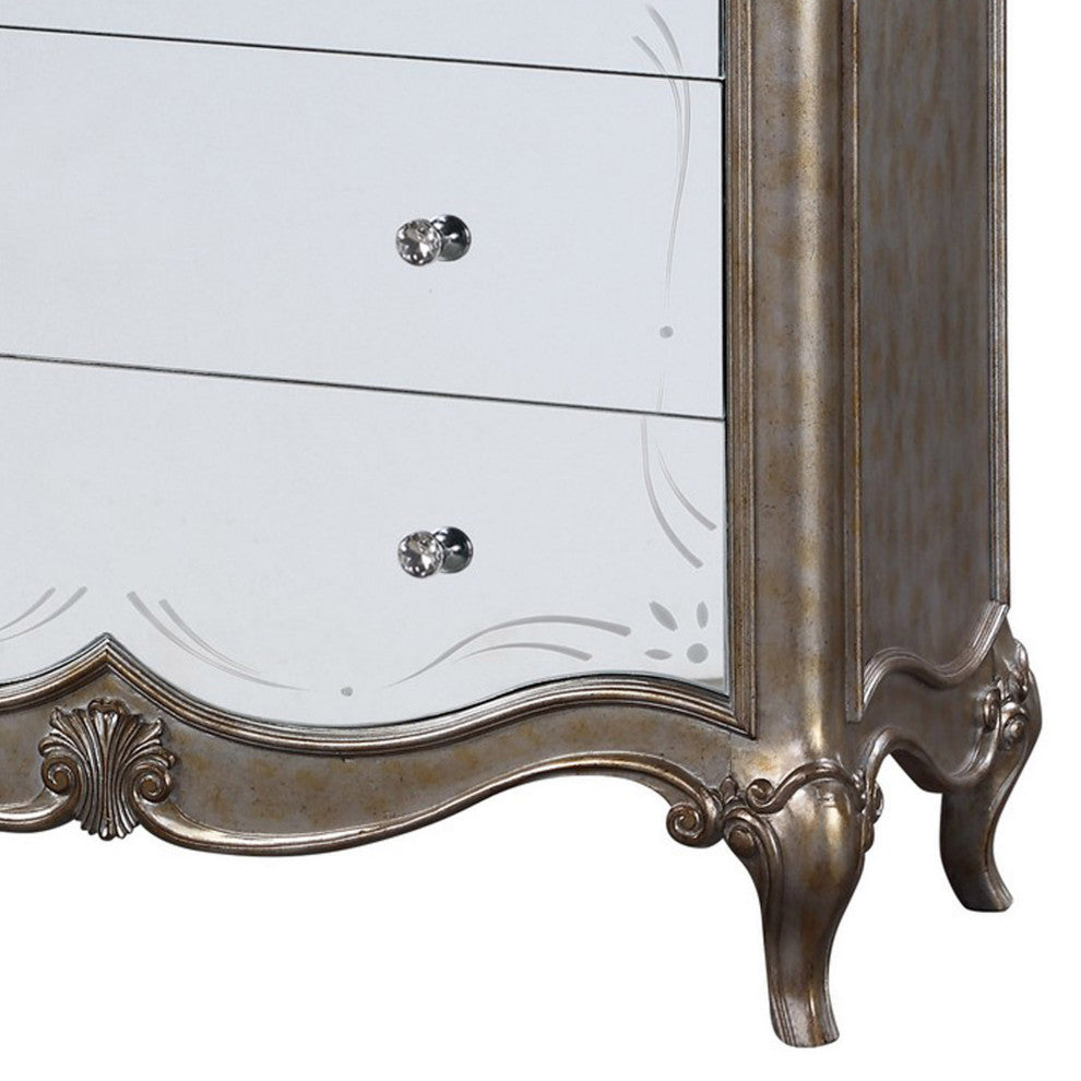 Benzara BM251275 Chest With Mirror Front and Molded Trim, Antique Silver