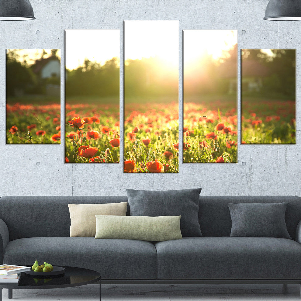 Poppy Field under Bright Sunlight, Landscape Canvas Print, 60"x32", 5 Panels