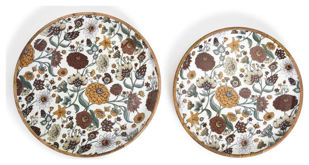 Two's Company Naturally Floral Set of 2 Wood Round Trays with Enamel