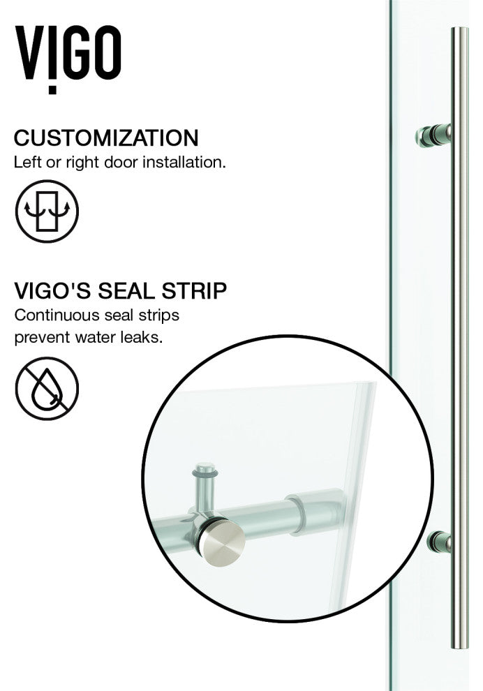 VIGO Elan E-Class 68" to 72" W x 76" H Frameless Sliding Shower Door, Stainless Steel, Clear Glass