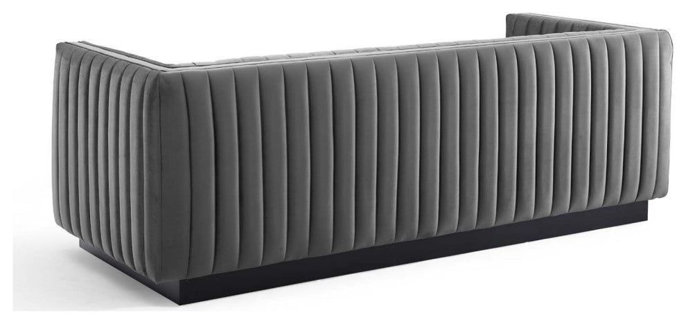 Tufted Sofa, Velvet, Gray, Modern, Living Lounge Hotel Lobby Hospitality