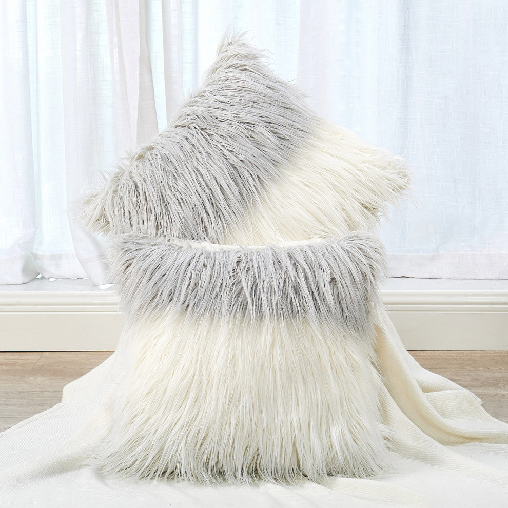 Mongolian Tie Dyed Faux Fur Pillow Cover 2 Piece Set, Grey