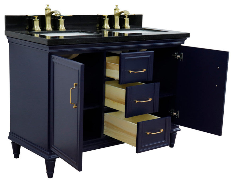 49" Double Vanity, Blue Finish With Black Galaxy And Rectangle Sink