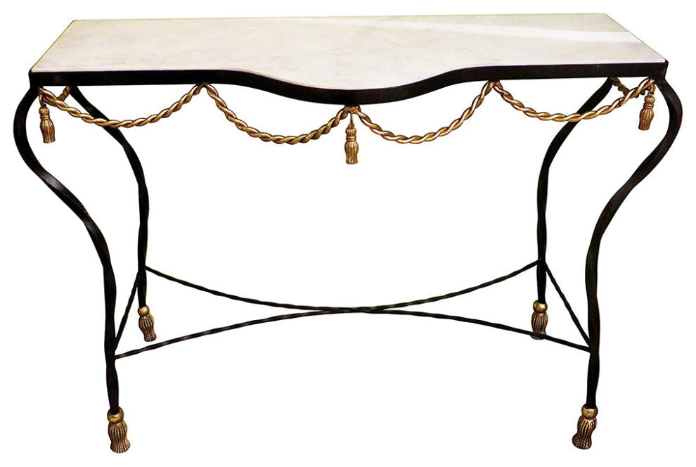Black Gold Iron Swag Tassel Console Table Ornate Marble Metal Sofa Rope 36"