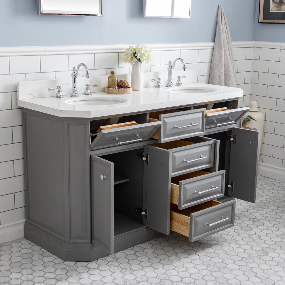 60" Palace Quartz Carrara Cashmere Gray Vanity With Hardware, Faucets, Mirror