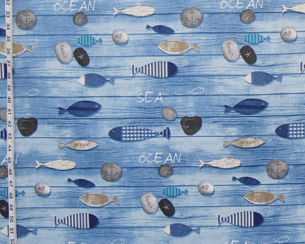 Blue Beach Fabric Seashore Weathered Boards Wooden Fish Stones, Standard Cut