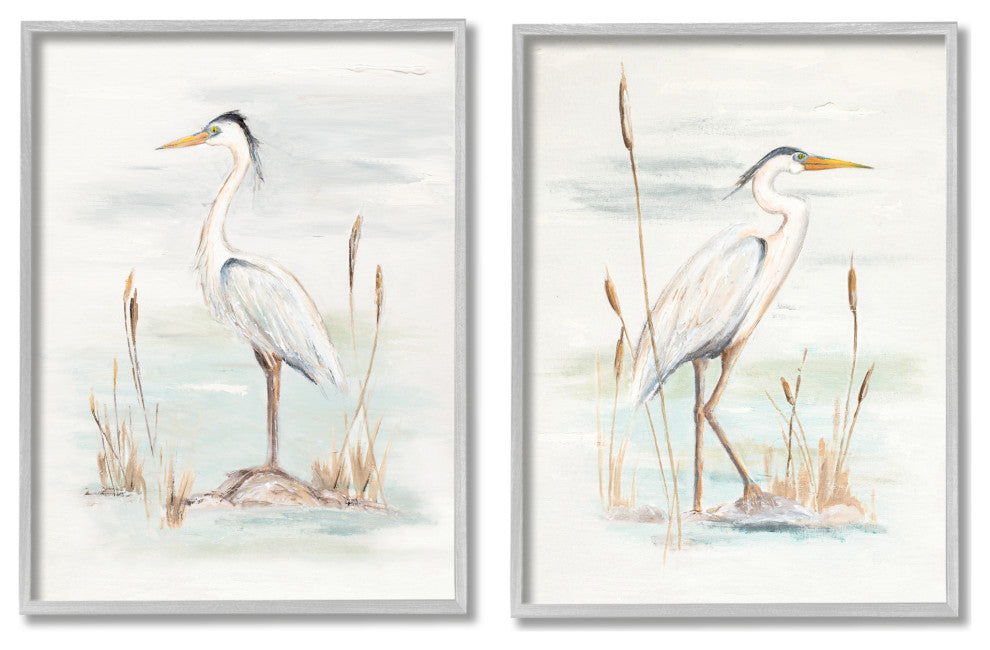 Elegant Heron Birds Cattails Plants In Water Painting, 2pc, each 11 x 14