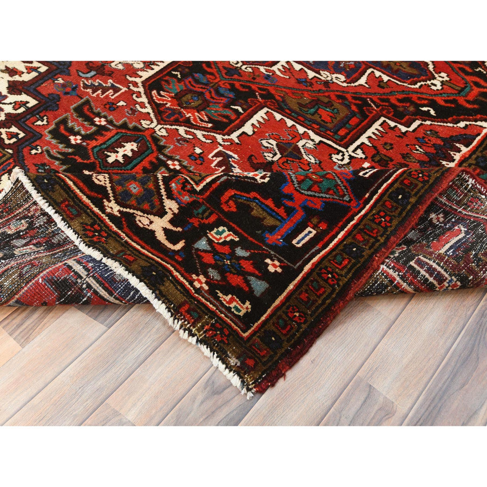 Tomato Red Vintage Zorostrian Heris Hand Knotted Worn Wool Rug, 6'8"x9'3"