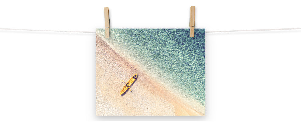 Yellow Canoe & Blue Sea with Soft Violet Effect Landscape Photo Loose Art Print, 8" X 10"