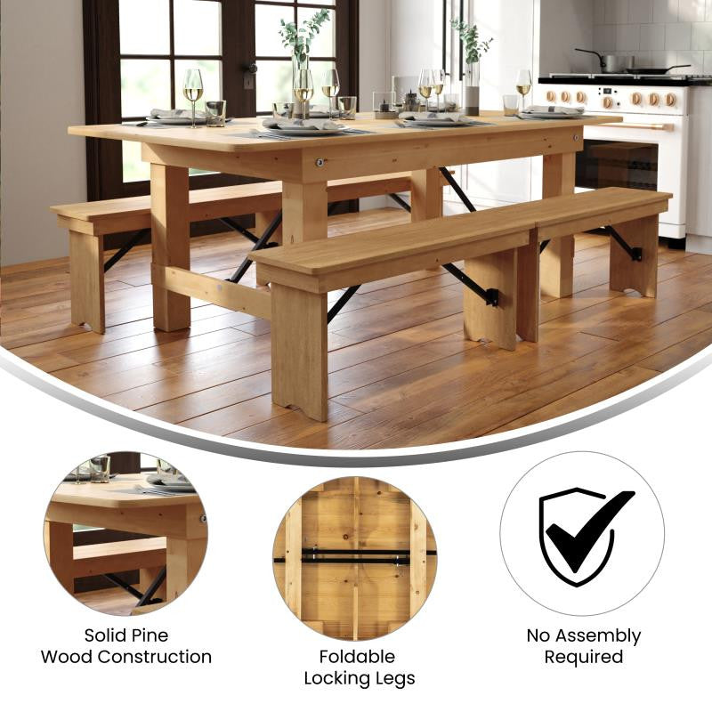 HERCULES Series 7' x 40" Rectangular Solid Pine Folding Farm Table, Light Natural