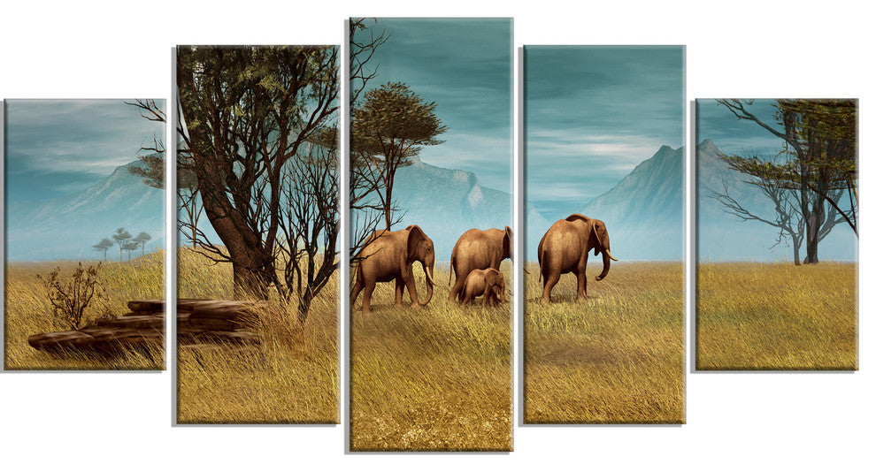 African Elephants Panorama, African Canvas Art Print, 60"x32", 5 Panels