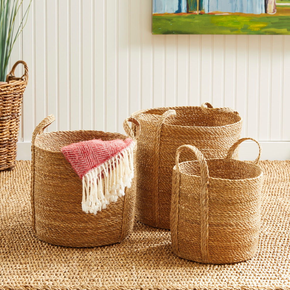 3-Piece Seagrass Round Basket Set With Long Handles