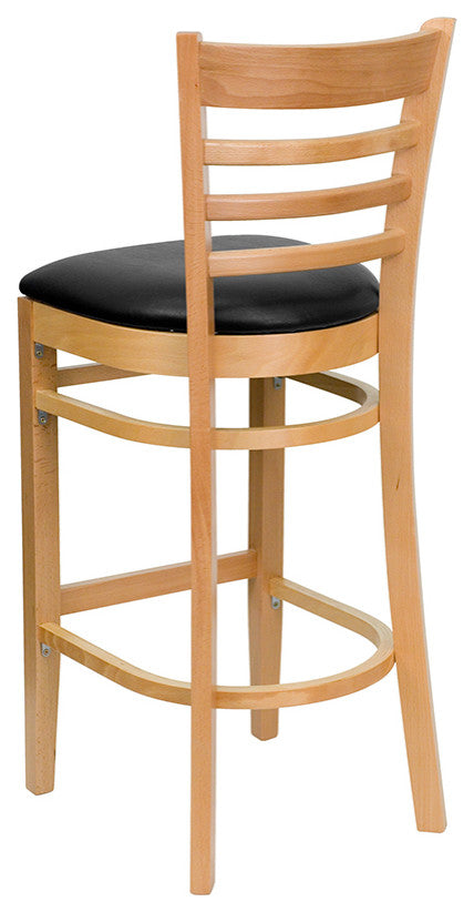 Ladder Back Natural Wood Restaurant Barstool, Black Vinyl Seat