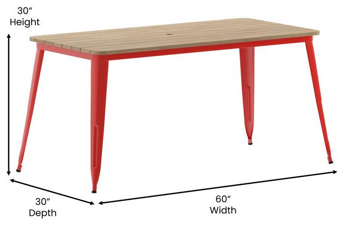Declan Commercial Indoor/Outdoor Dining Table with Umbrella Hole, 30" x 60", Brown/Red