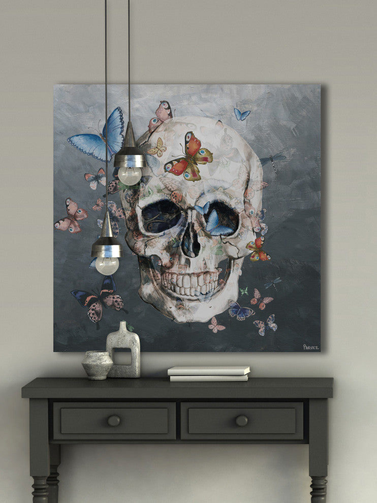 "Tinted Happy Butterfly Skull" Painting Print on Wrapped Canvas, 32"x32"