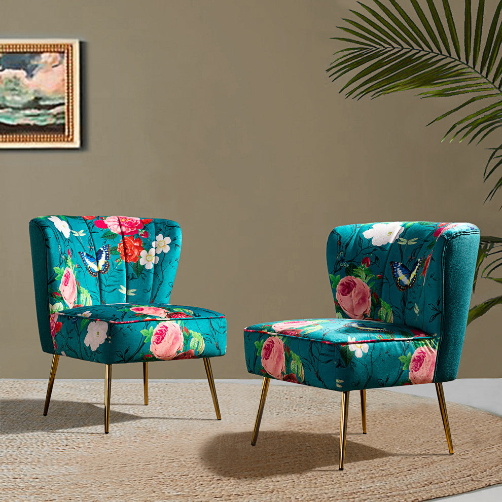 Upholstered Accent Side Chair With Tufted Back Set of 2, Blue