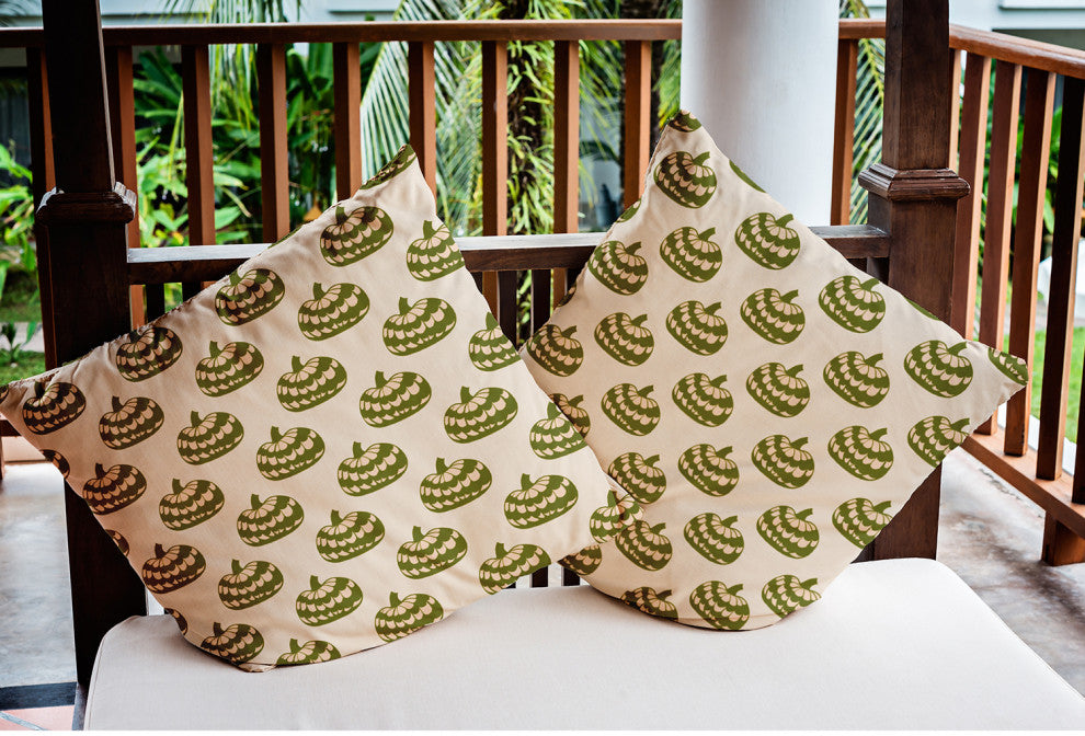 18" x 18" Patterned Pumpkins Indoor/Outdoor Polyester Throw Pillow, Olive