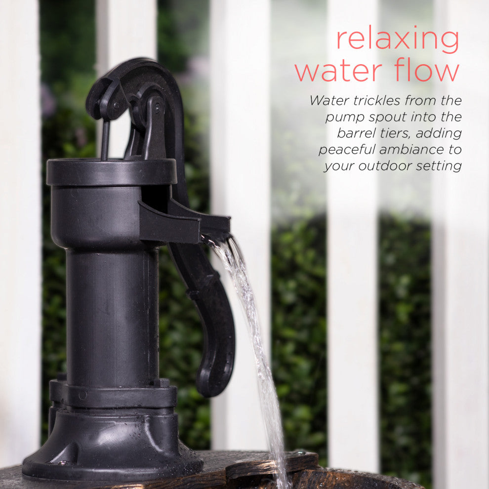 27" Tall 2-Tier Barrel and Pump Waterfall Fountain, Bronze Finish