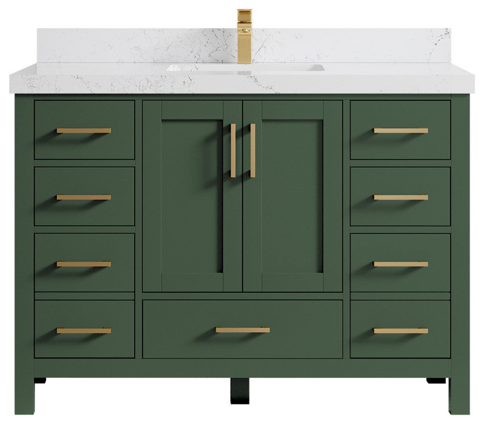 Preston Bath Vanity, Green, 48", Empira Quartz Top, Single, Freestanding