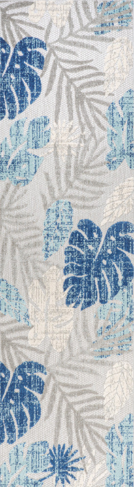 Monstera Tropical Leaf High-Low Indoor/Outdoor Area Rug, Light Gray/Navy, 2 X 8