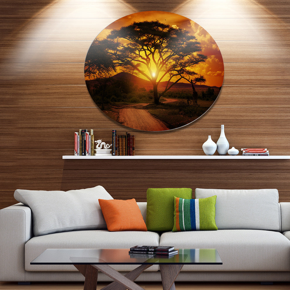 African Sunset With Lonely Tree, African Landscape Disc Artwork, 36"