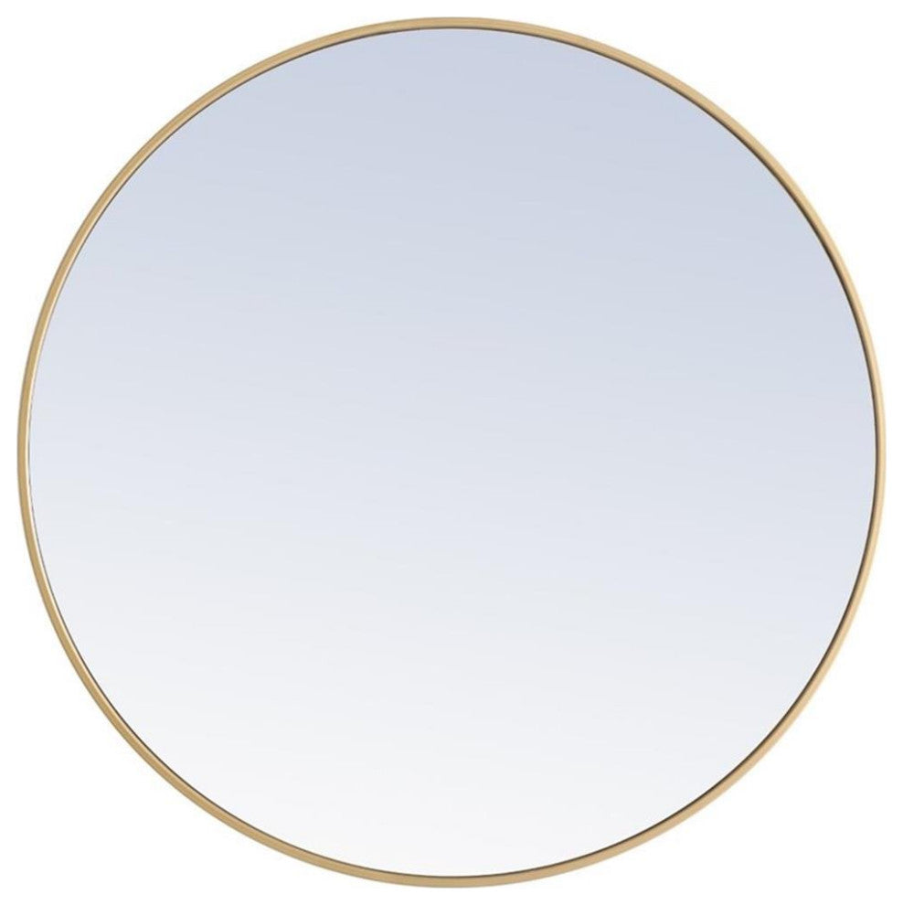 Pemberly Row 36" Round Contemporary Metal Frame Mirror in Brass