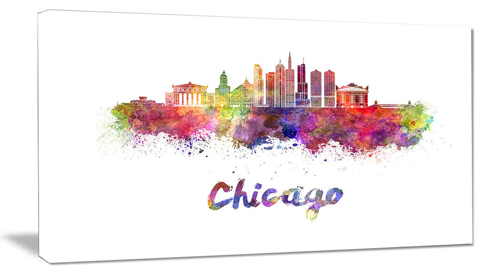 "Colorful Chicago Skyline in Watercolor" Wall Art, 40"x20"