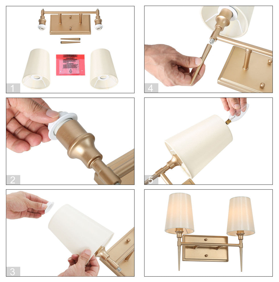 LALUZ Matte Gold with Fabric Shade Modern Bathroom Vanity Light, 2-Light