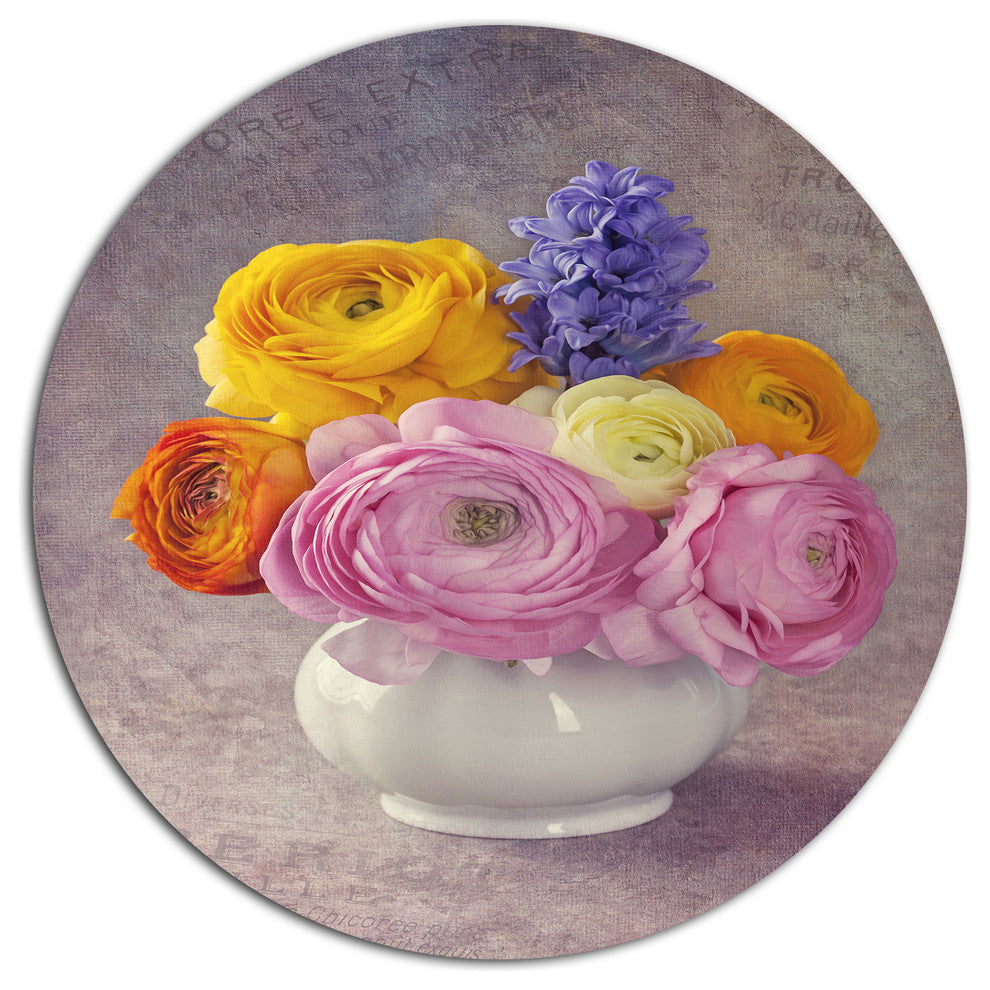 Multicolor Ranunculus Flowers In Vase, Floral Disc Metal Wall Art, 36"