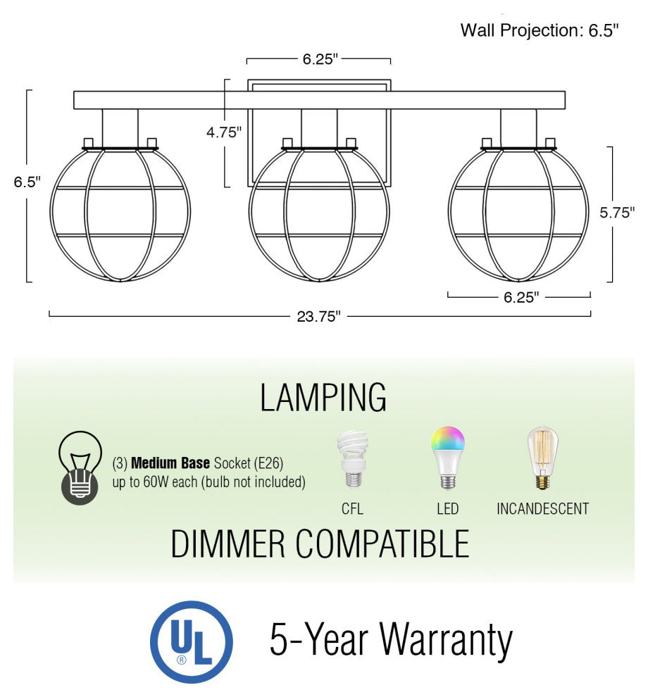 Kira Home Nash 24" Farmhouse / Bathroom Light, Orb Cage Shades, Reclaimed Oak