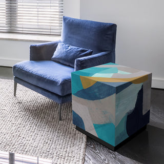 "Puzzle Blues II" Reverse Printed Art Glass Side Table with Black Plinth Base