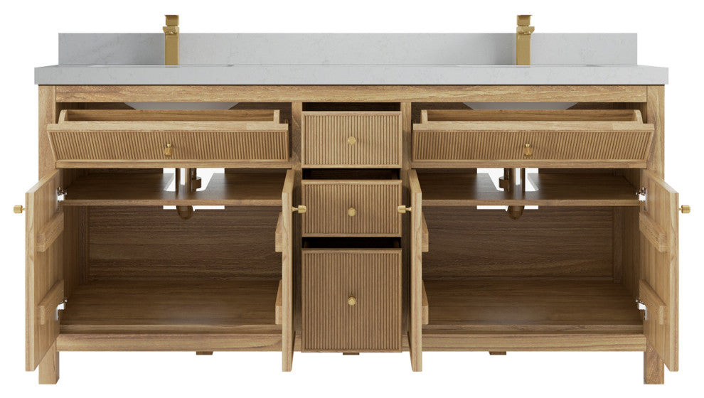 Sonoma 72 Double Sink Bath Vanity in Light Natural Teak with 2" Carrara Quartz