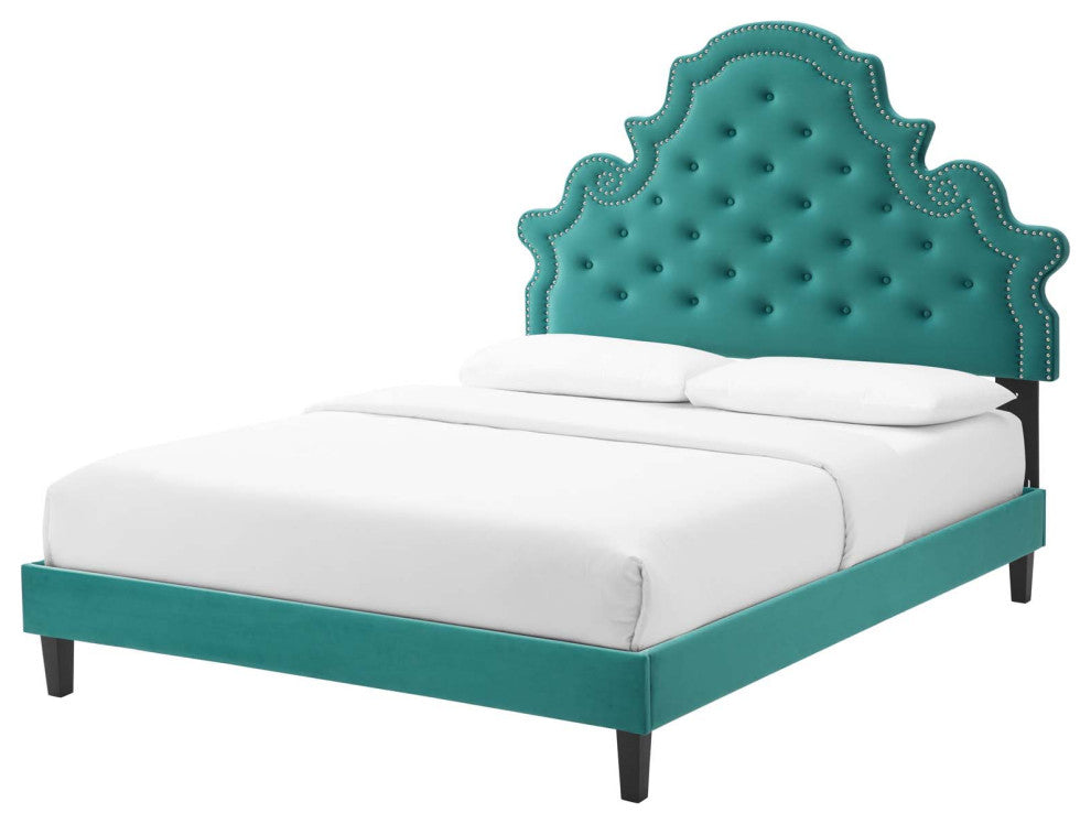 Tufted Platform Bed Frame, Full Size, Velvet, Teal Blue, Modern Contemporary