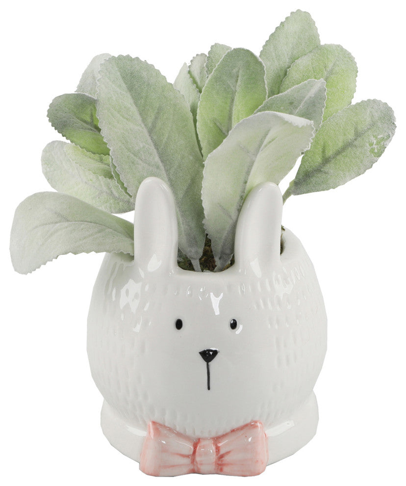 4" Lamb's Ear Ceramic Bunny With Pink Bow