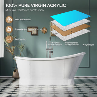 66" 100% Acrylic Freestanding Soaking Bathtub with Drain and Overflow, White, White