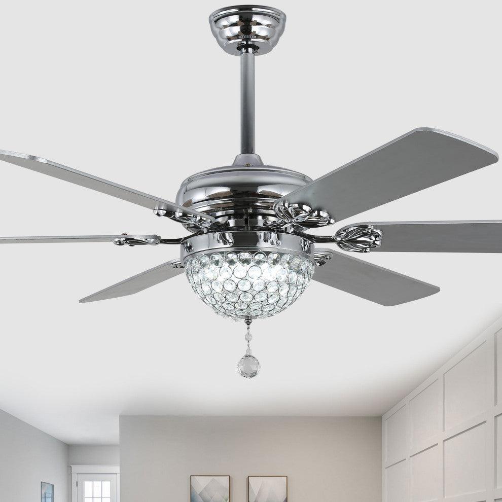 65" Modern Crystal Ceiling Fan with Dimmable LED Light and Remote, Silver