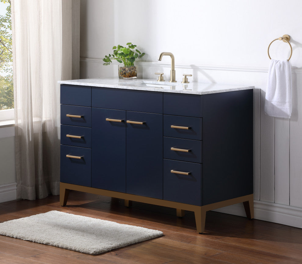 Enigma 48" W Freestanding Bath Vanity, Blue With White Carrara Marble Top