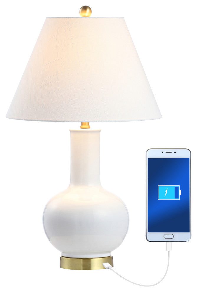 Han 27" Ceramic Contemporary USB Charging LED Table Lamp, White