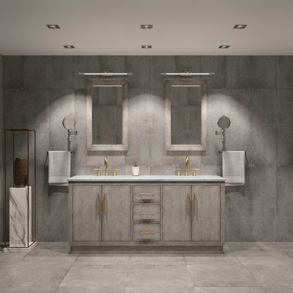 72 Double Sink White Marble Vanity, Gray Oak With Gooseneck Faucets and Mirrors