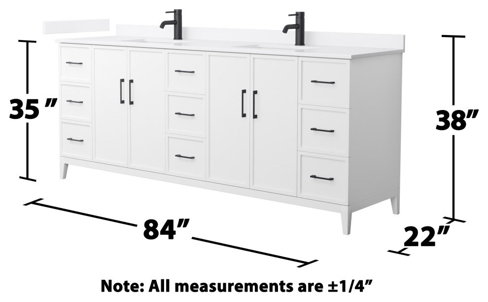 Elan 84" Double Vanity, White, White Quartz Top, 1-Hole, Black Trim