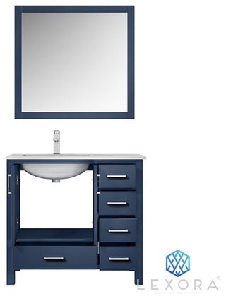 Jacques 36" Vanity, Wht Carrara Marble Top w/ 34" Mirror, Navy Blue, Left