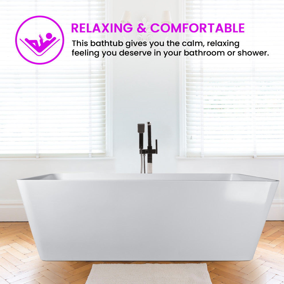 Vanity Art Solid Surface Resin Stone Freestanding Bathtub, Glossy White, 67 in. X 32 in.