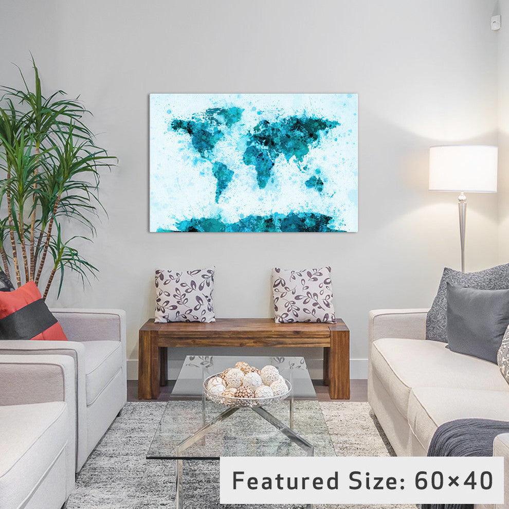 "World Map Paint Splashes, Blue" Wrapped Canvas Print, 40x26x1.5