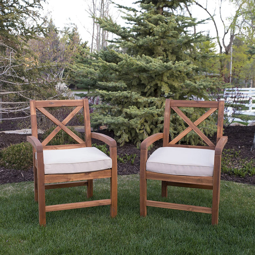Set of 2 Patio Dining Chair, Acacia Wood Frame With UV Resistant Cushions, Brown