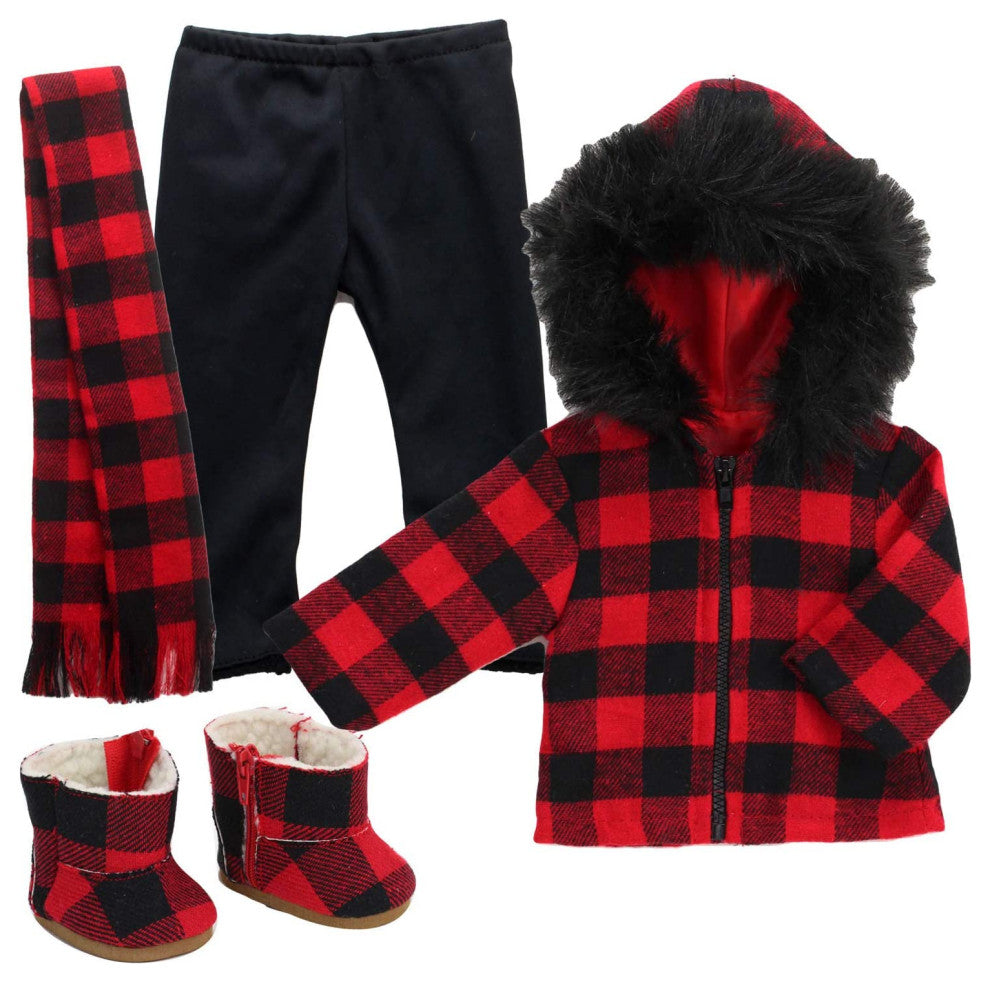 18" Doll Buffalo Check Fur Trimmed Coat Set