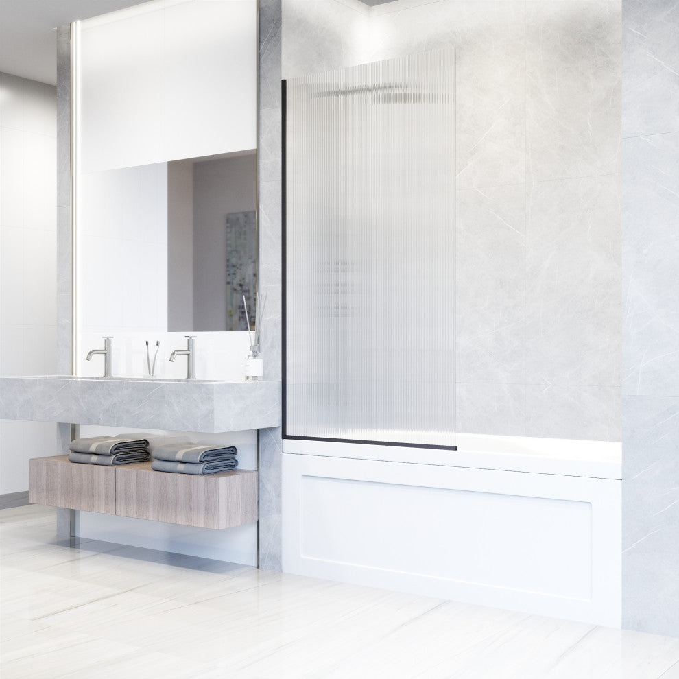 VIGO Zenith Frameless Fixed, Matte Black, Tub Screen, 34" W X 62" H, Fluted Glass