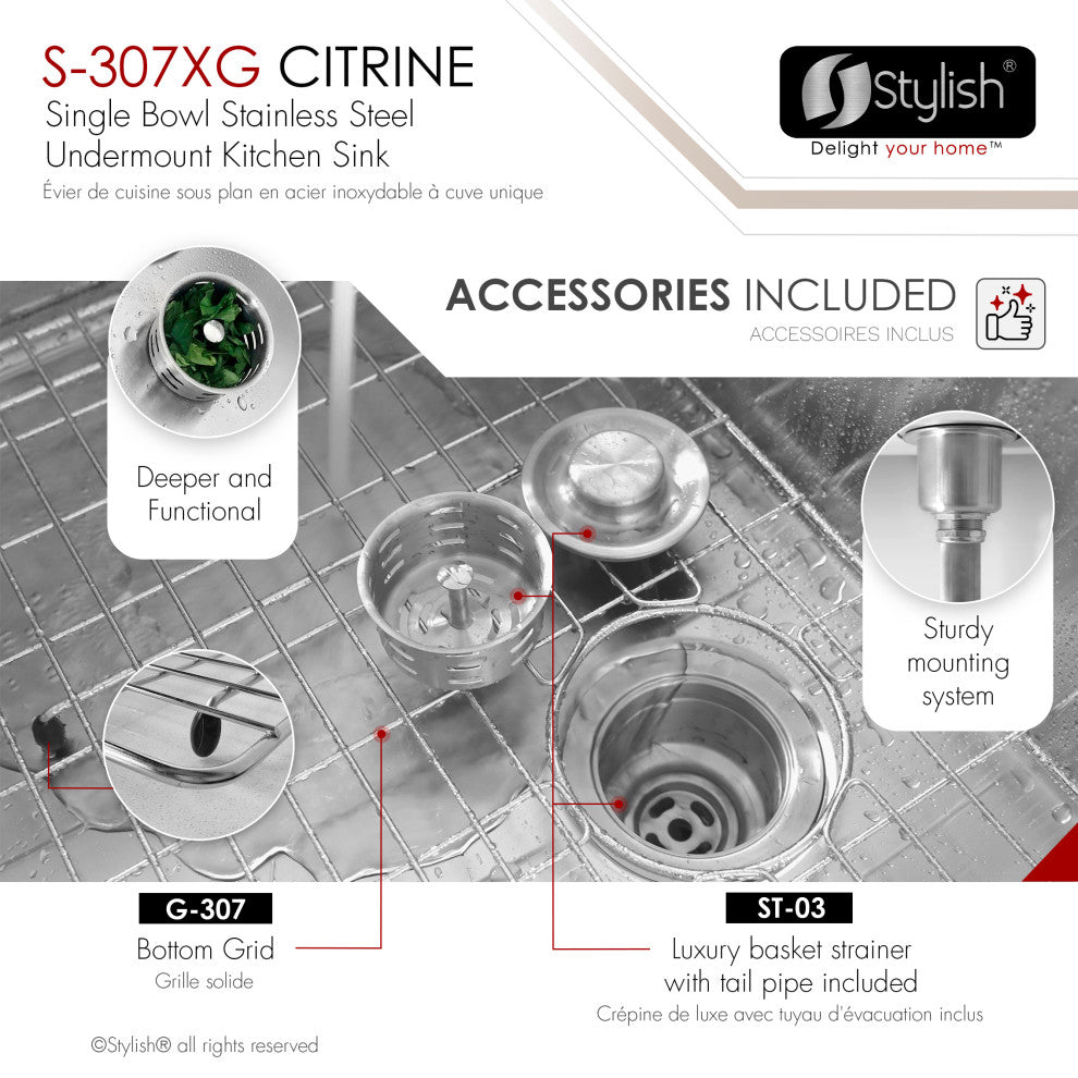 STYLISH 23" x 18" Stainless Steel 16 Gauge Single Basin Undermount Kitchen Sink