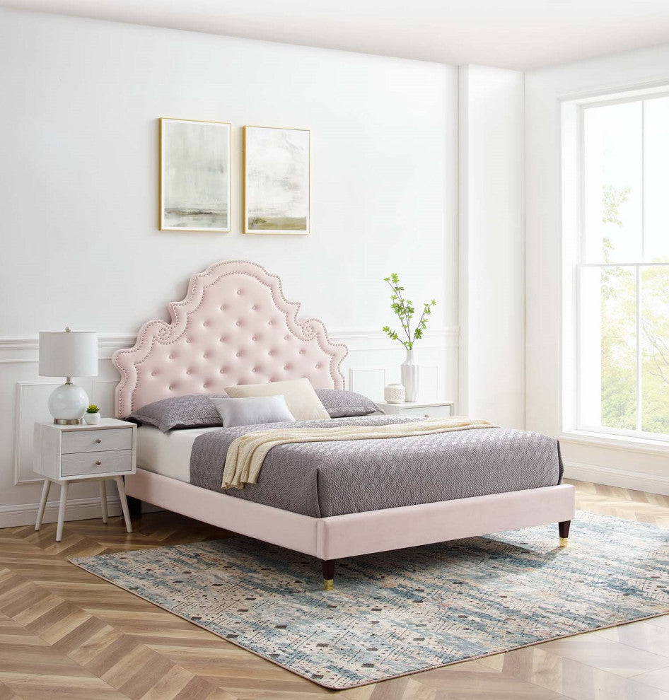 Tufted Platform Bed Frame, Full Size, Velvet, Pink, Modern Contemporary, Bedroom