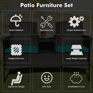 Costway Patio Rattan Loveseat Sofa Cushioned Coffee Table Turquoise